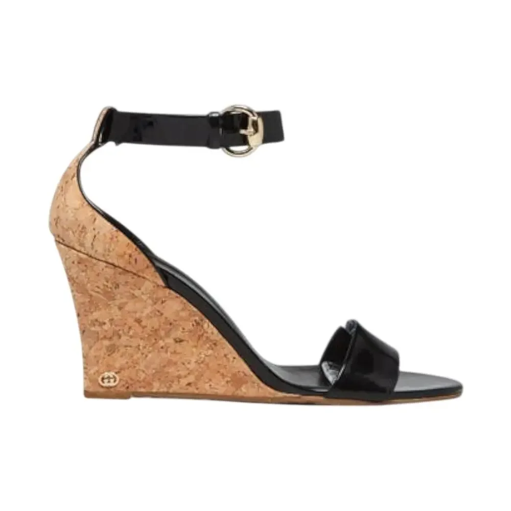 Gucci Black Patent Leather Hollie Wedge Sandals 41 sz - Picture 1 of 5